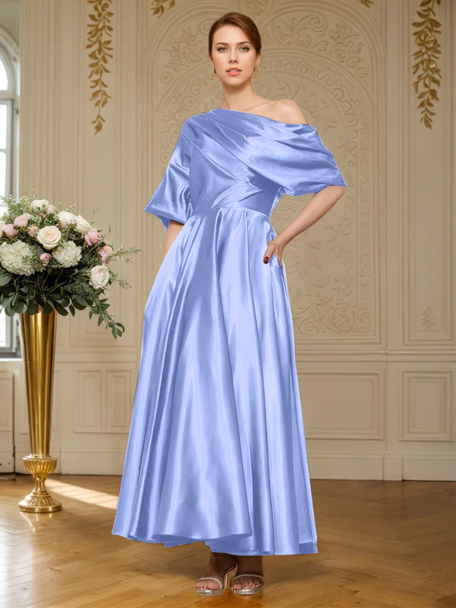 A-Linien Kurzarm plissiertes knöchellanges seidenähnliches Satin Kleid für die Brautmutter