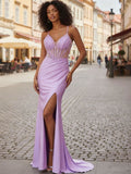 Lavender Beaded Sheer Corset Satin Prom Dress with Ruched High Slit