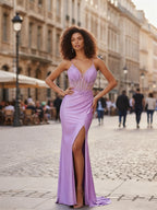 Lavender Beaded Sheer Corset Satin Prom Dress with Ruched High Slit