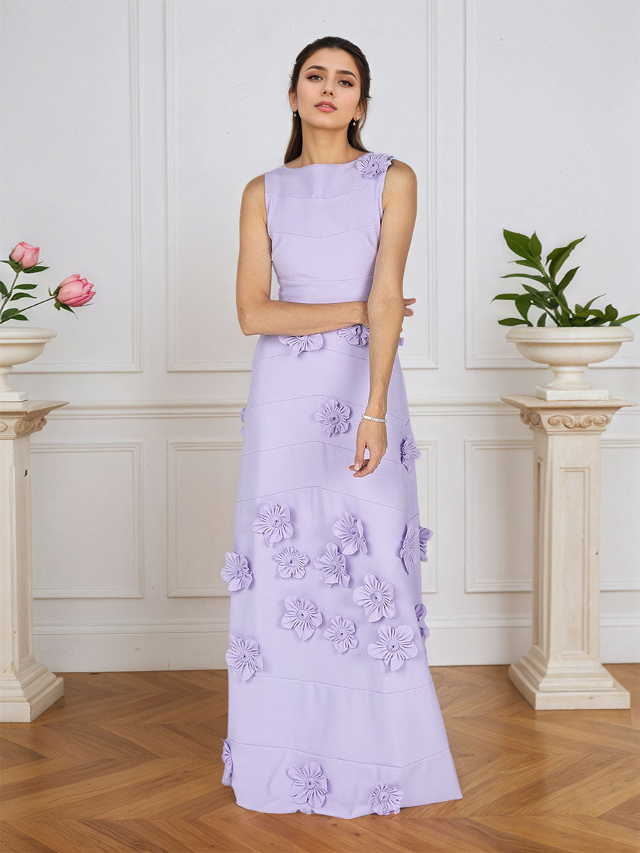 Lavendelfarbenes formelles Kleid mit U-Boot-Ausschnitt und herabfließenden 3D-Blumen