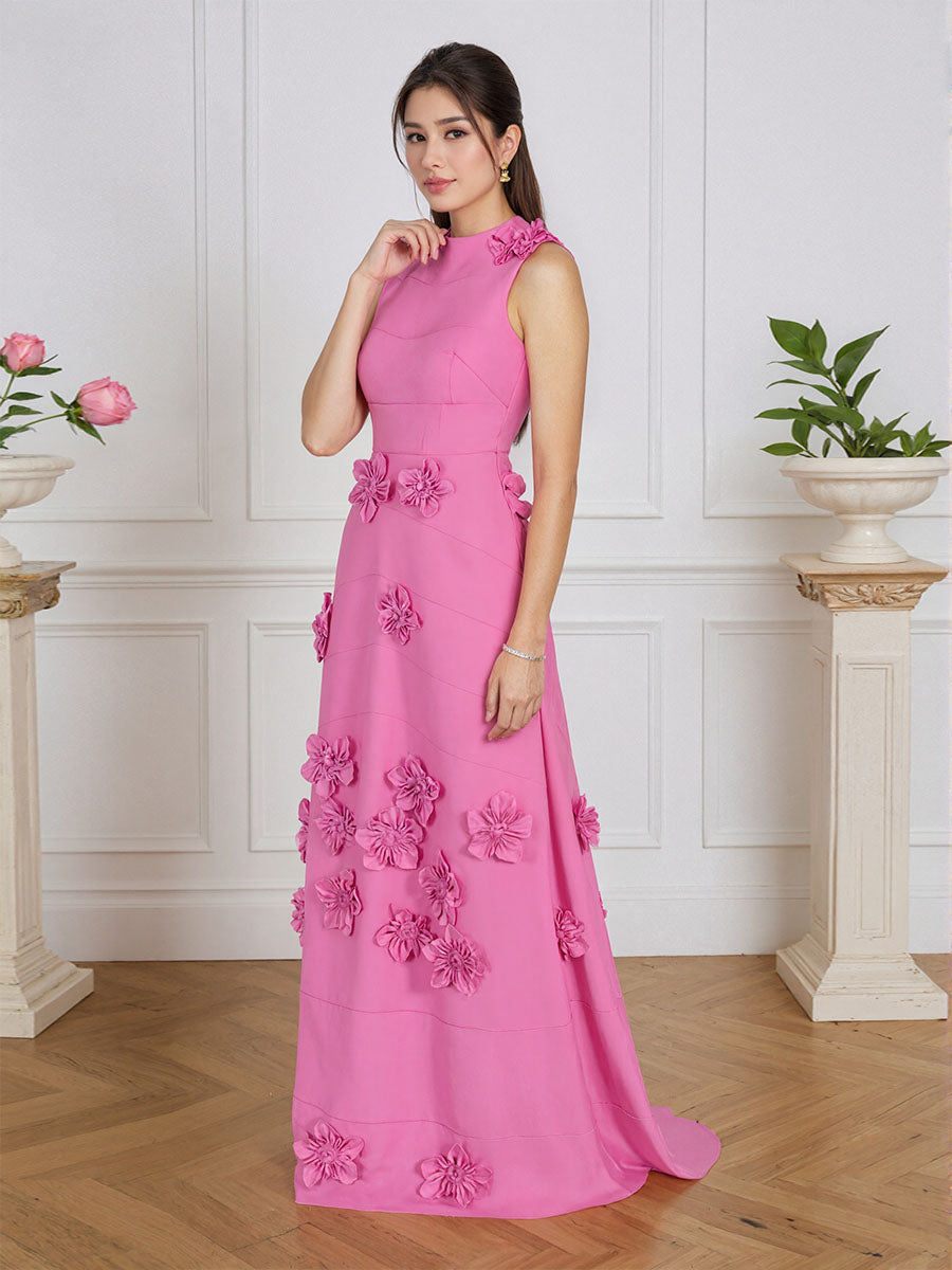 Lavendelfarbenes formelles Kleid mit U-Boot-Ausschnitt und herabfließenden 3D-Blumen