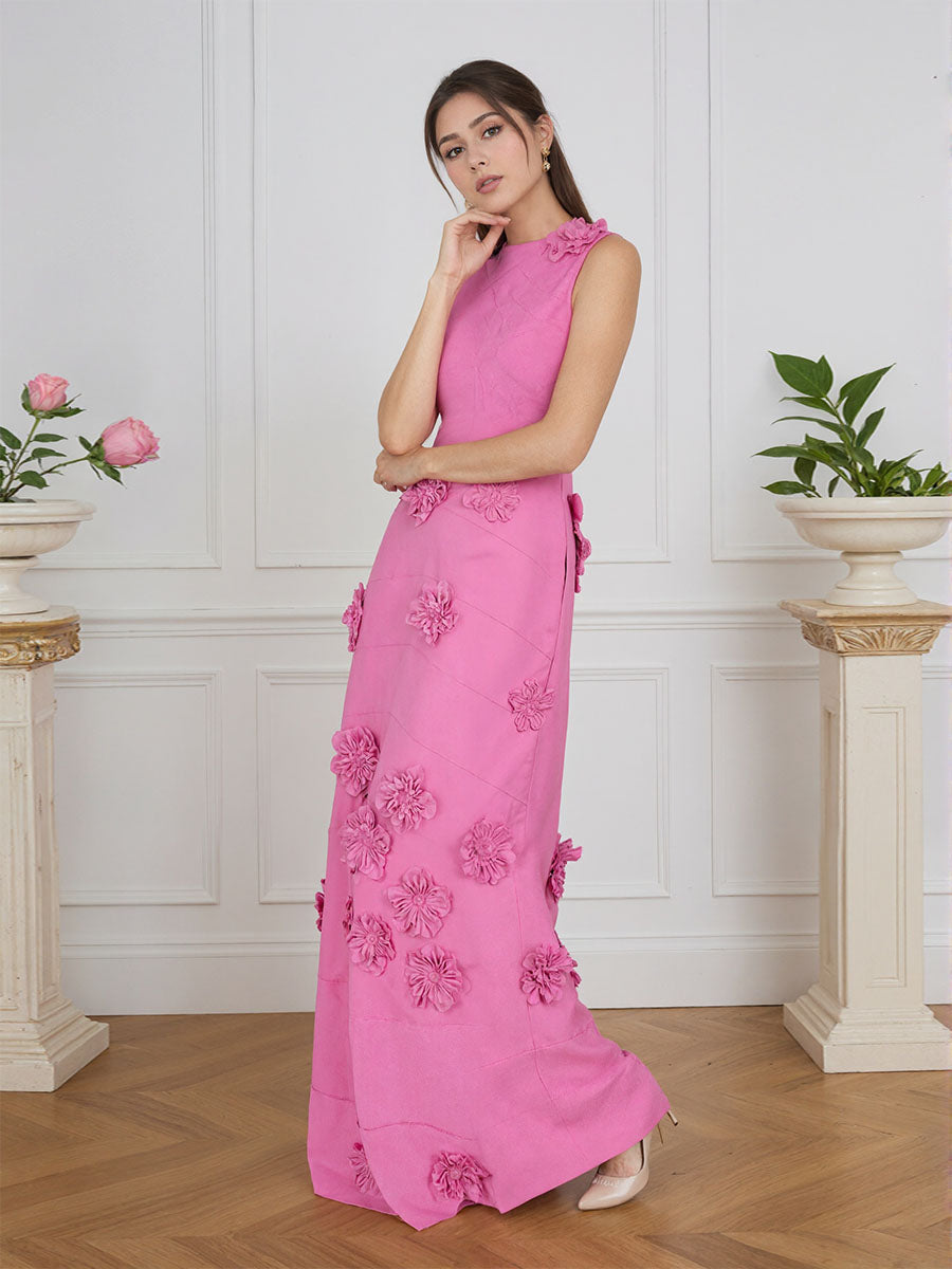 Lavendelfarbenes formelles Kleid mit U-Boot-Ausschnitt und herabfließenden 3D-Blumen