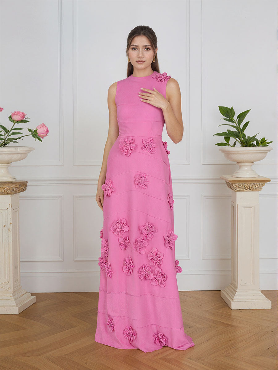 Lavendelfarbenes formelles Kleid mit U-Boot-Ausschnitt und herabfließenden 3D-Blumen