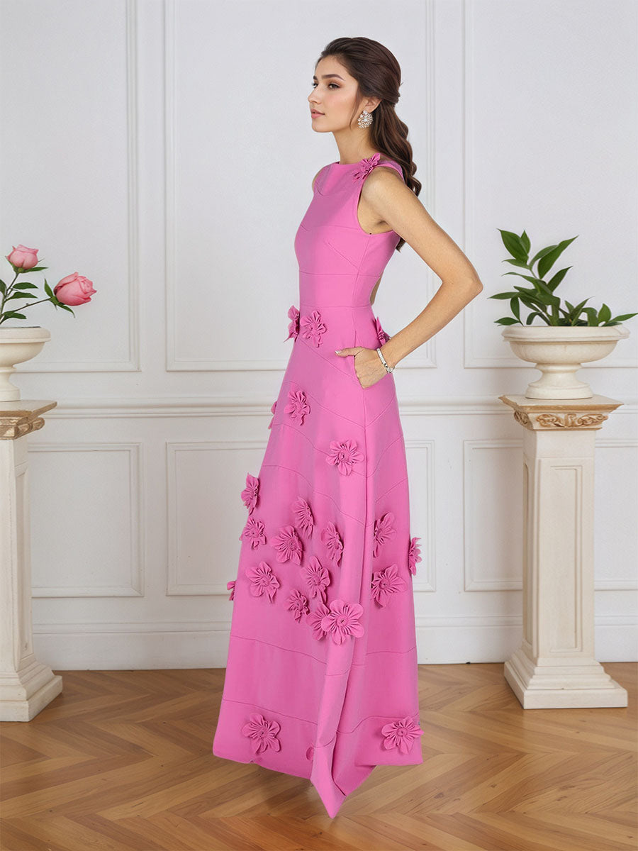 Lavendelfarbenes formelles Kleid mit U-Boot-Ausschnitt und herabfließenden 3D-Blumen
