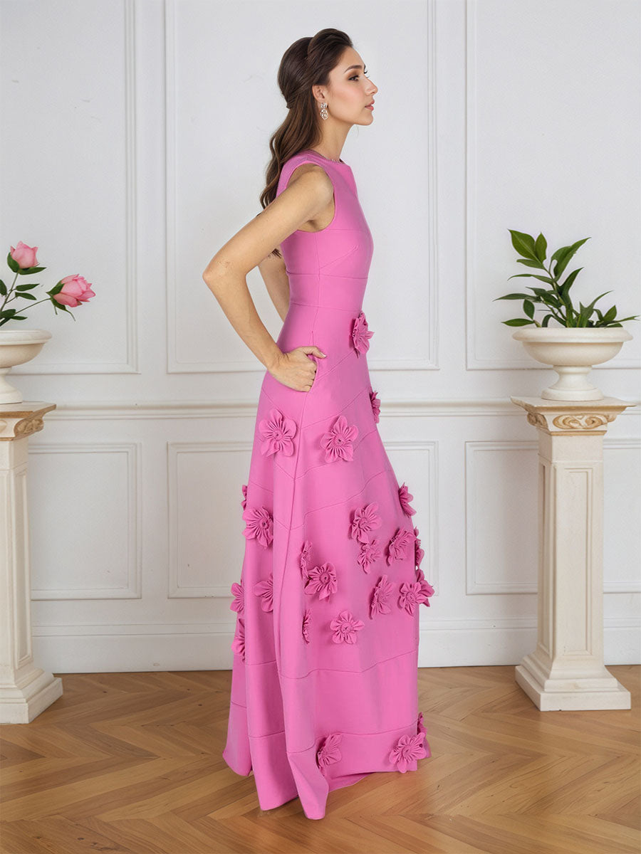 Lavendelfarbenes formelles Kleid mit U-Boot-Ausschnitt und herabfließenden 3D-Blumen