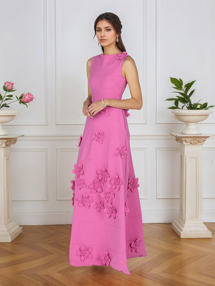 Lavendelfarbenes formelles Kleid mit U-Boot-Ausschnitt und herabfließenden 3D-Blumen