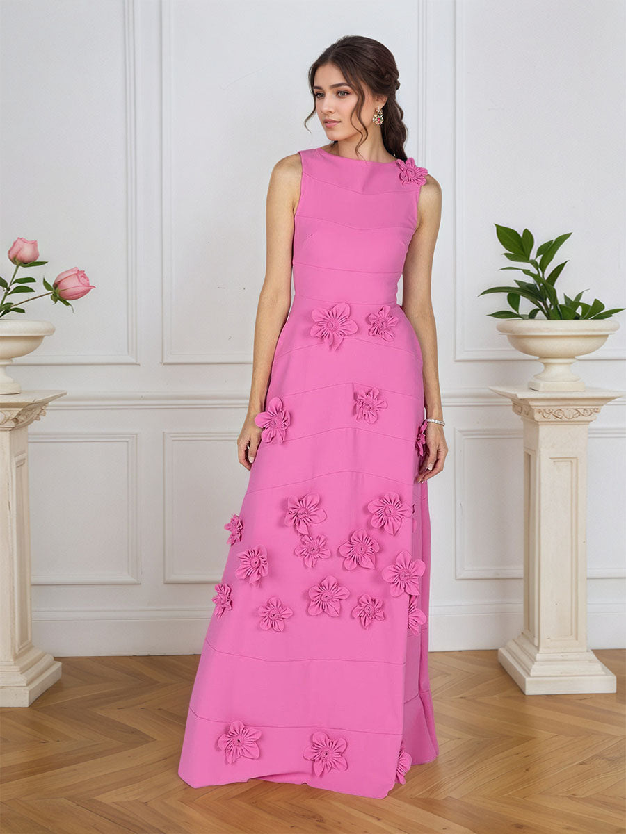 Lavendelfarbenes formelles Kleid mit U-Boot-Ausschnitt und herabfließenden 3D-Blumen