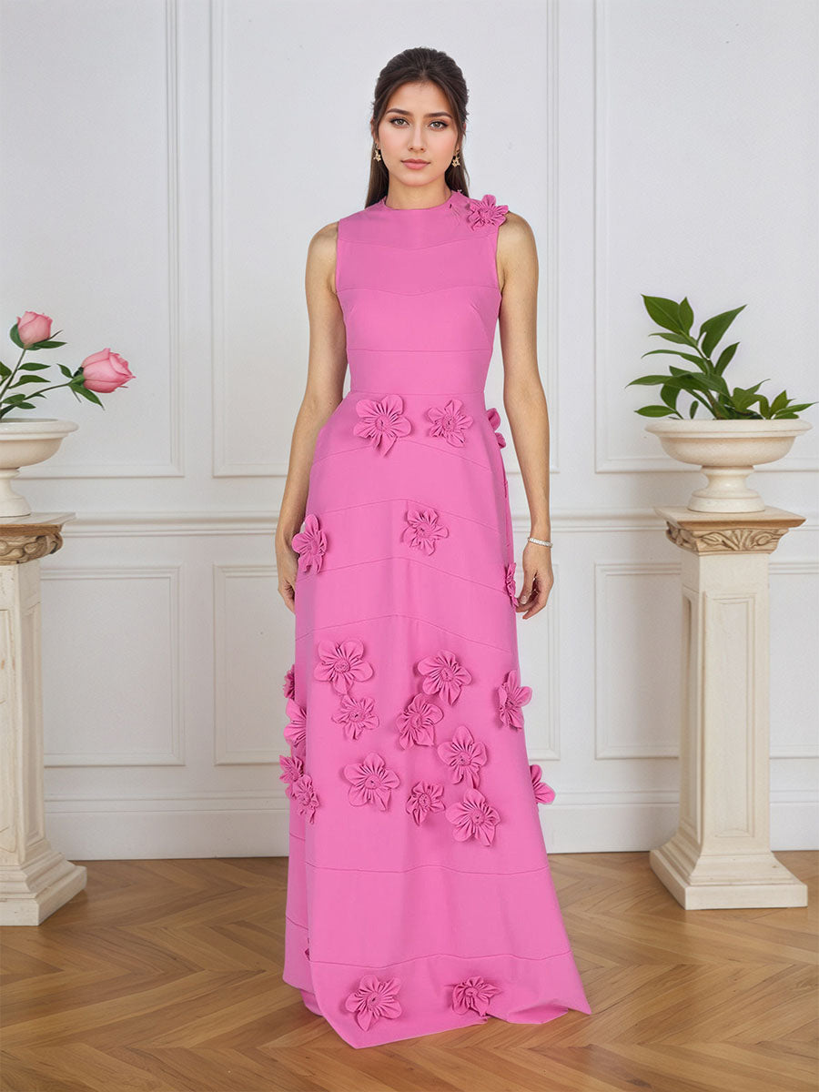 Lavendelfarbenes formelles Kleid mit U-Boot-Ausschnitt und herabfließenden 3D-Blumen