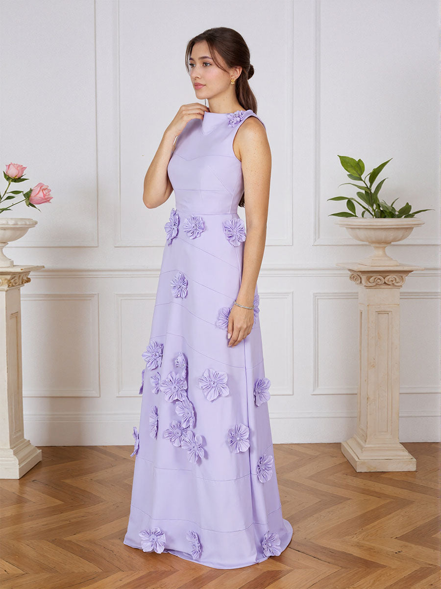 Lavendelfarbenes formelles Kleid mit U-Boot-Ausschnitt und herabfließenden 3D-Blumen