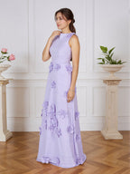 Lavendelfarbenes formelles Kleid mit U-Boot-Ausschnitt und herabfließenden 3D-Blumen
