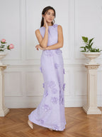 Lavendelfarbenes formelles Kleid mit U-Boot-Ausschnitt und herabfließenden 3D-Blumen
