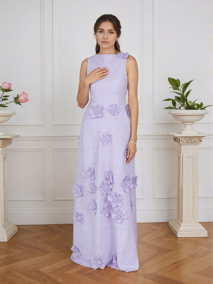 Lavendelfarbenes formelles Kleid mit U-Boot-Ausschnitt und herabfließenden 3D-Blumen