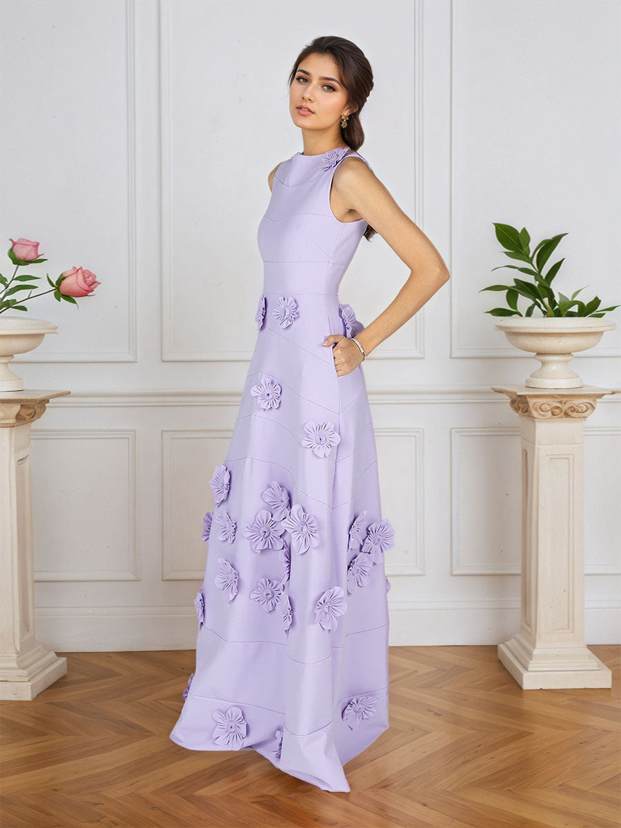 Lavendelfarbenes formelles Kleid mit U-Boot-Ausschnitt und herabfließenden 3D-Blumen