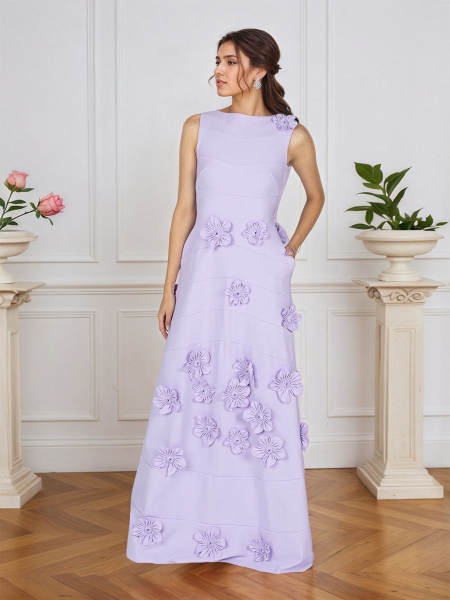 Lavendelfarbenes formelles Kleid mit U-Boot-Ausschnitt und herabfließenden 3D-Blumen