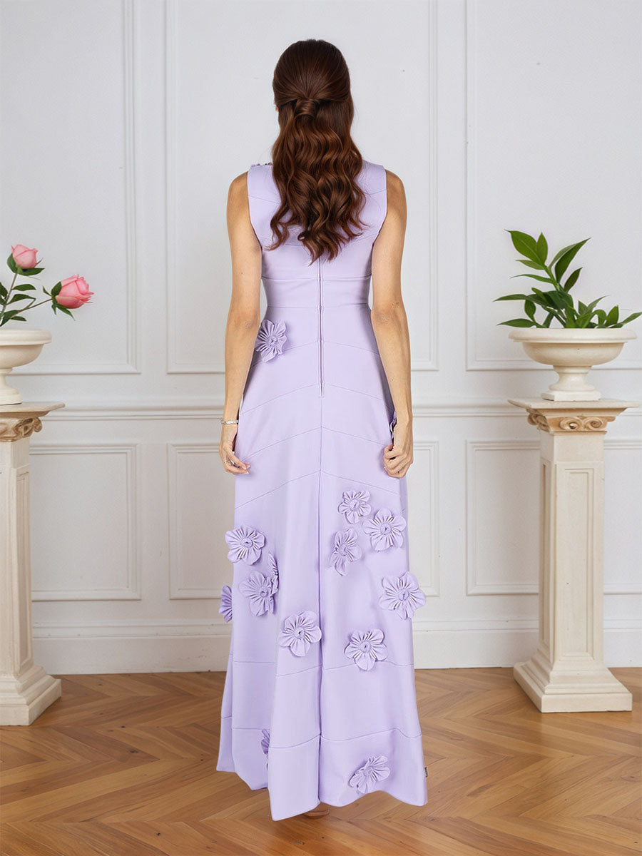 Lavendelfarbenes formelles Kleid mit U-Boot-Ausschnitt und herabfließenden 3D-Blumen