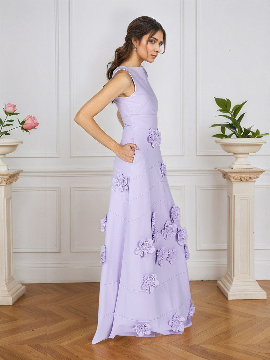 Lavendelfarbenes formelles Kleid mit U-Boot-Ausschnitt und herabfließenden 3D-Blumen