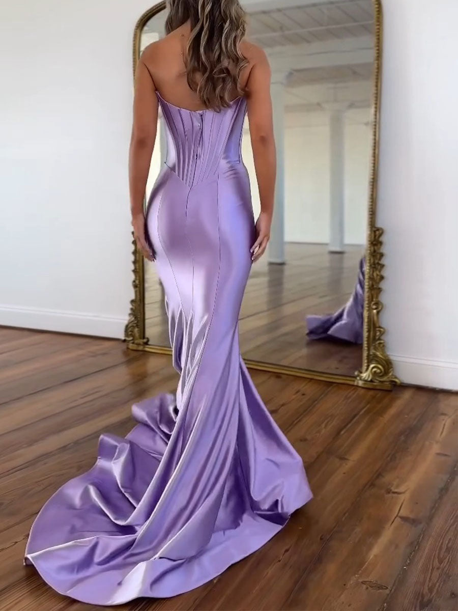 Vestido de fiesta con corsé, escote drapeado sin tirantes de satén lavanda y cintura basca