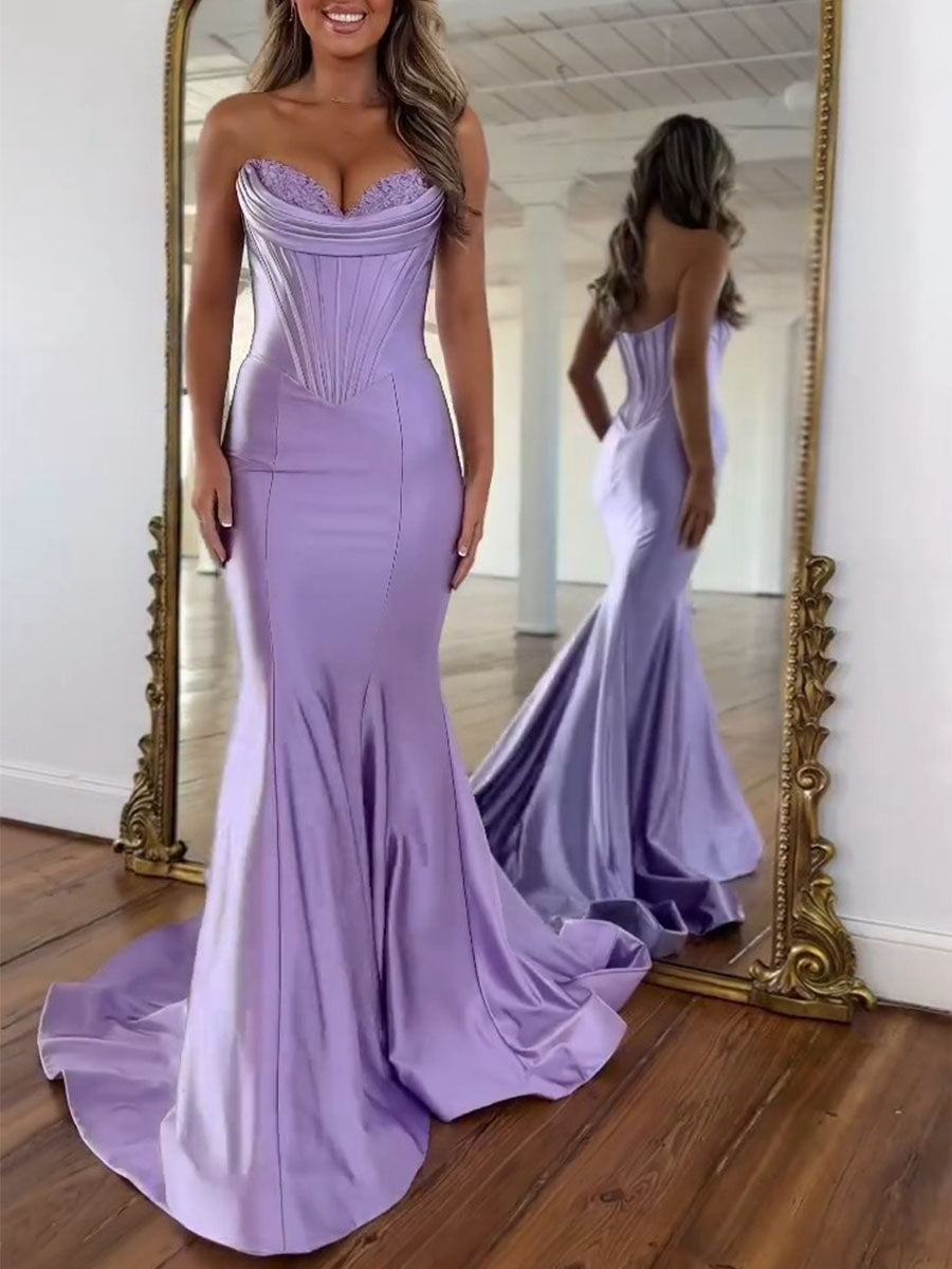 Vestido de fiesta con corsé, escote drapeado sin tirantes de satén lavanda y cintura basca