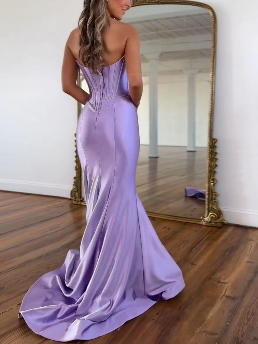 Vestido de fiesta con corsé, escote drapeado sin tirantes de satén lavanda y cintura basca