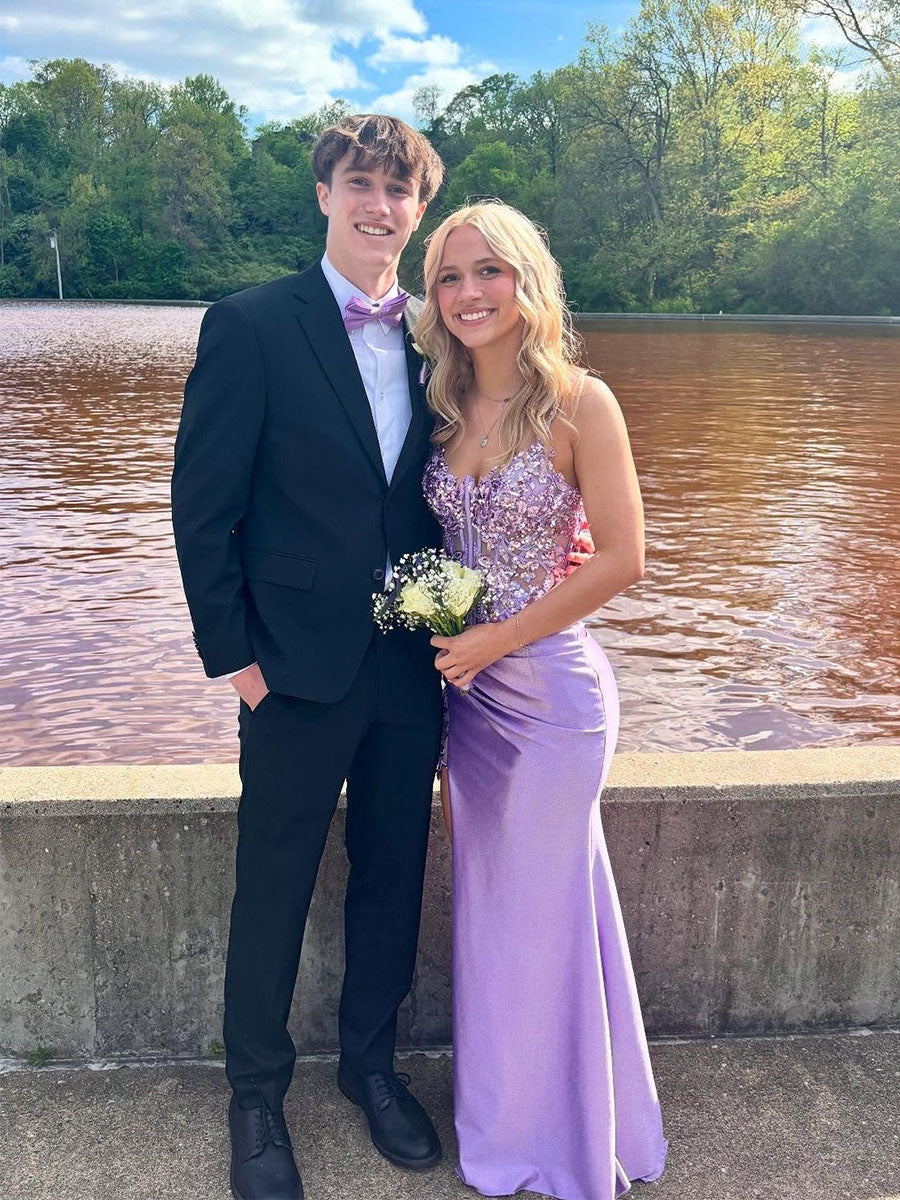 Lavender Sheer Floral Appliqué Corset Satin Prom Dress with High Slit