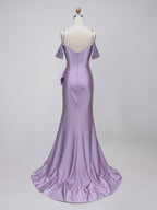 Lavender Shimmer Cold-Shoulder Prom Dress with Cascading Ruffled Slit
