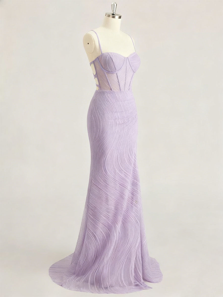 Lavender Spaghetti Strap Corset Long Prom Dress with Slit