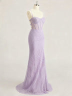 Lavender Spaghetti Strap Corset Long Prom Dress with Slit