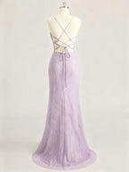 Lavender Spaghetti Strap Corset Long Prom Dress with Slit