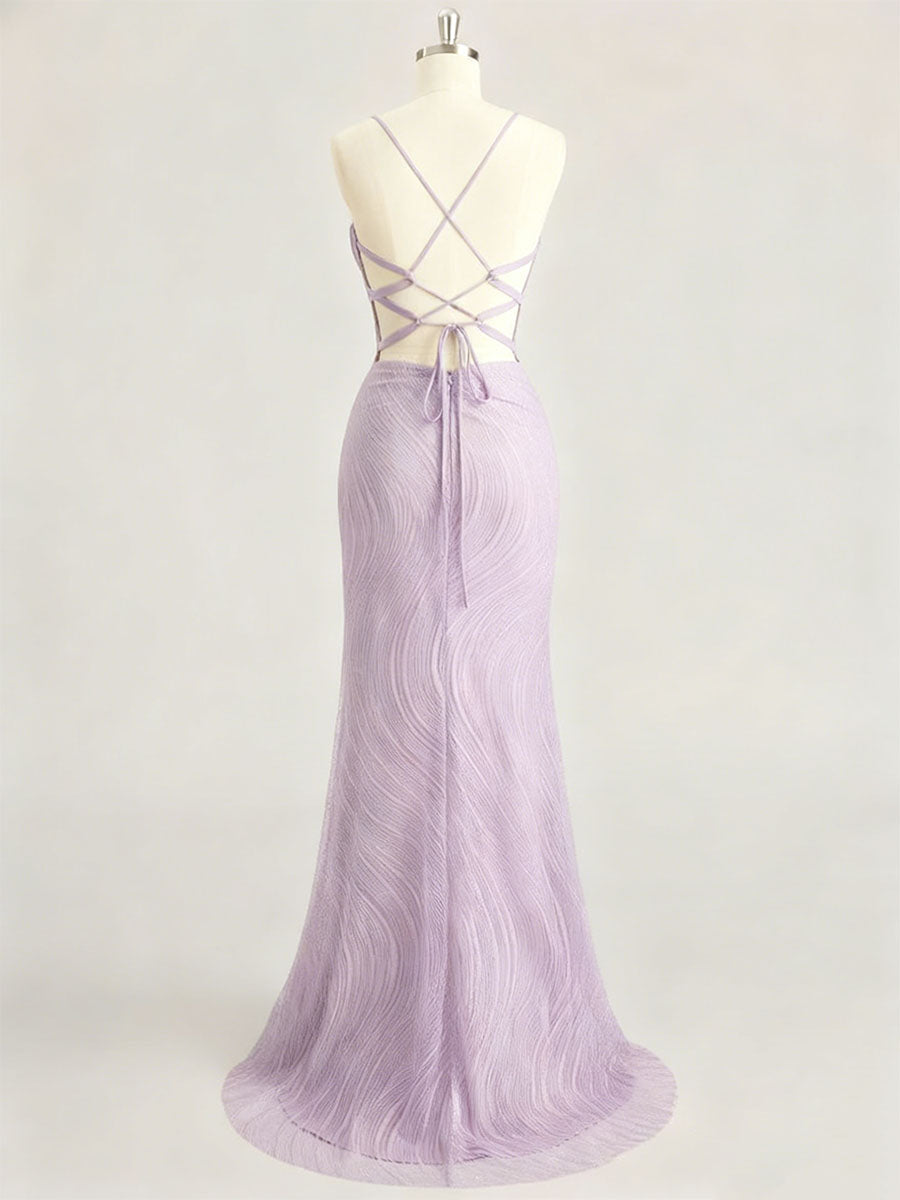 Lavender Spaghetti Strap Corset Long Prom Dress with Slit
