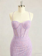 Lavender Spaghetti Strap Corset Long Prom Dress with Slit
