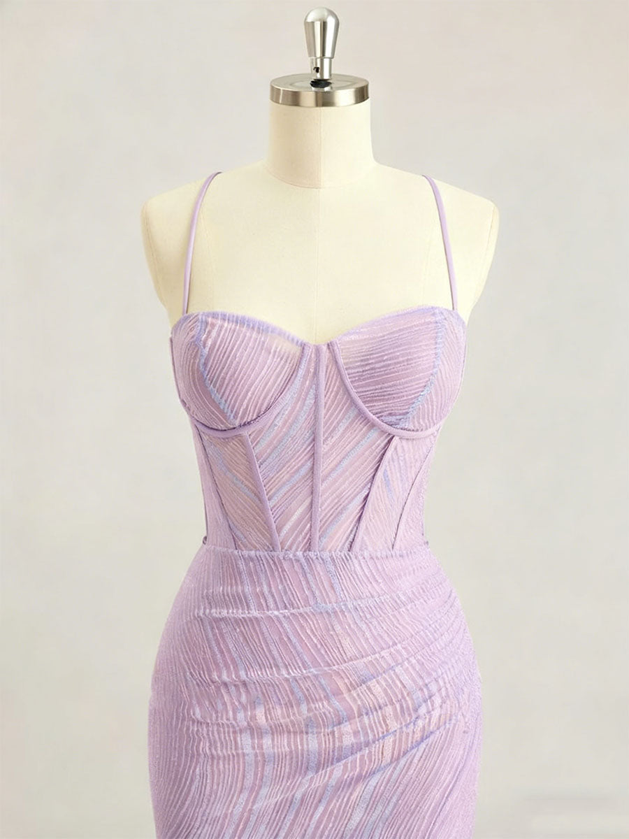 Lavender Spaghetti Strap Corset Long Prom Dress with Slit