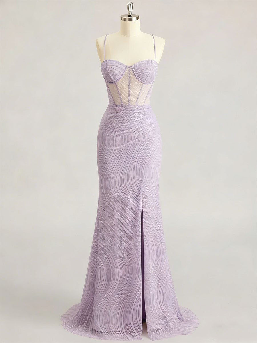 Lavender Spaghetti Strap Corset Long Prom Dress with Slit