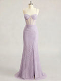 Lavender Spaghetti Strap Corset Long Prom Dress with Slit