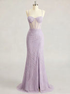 Lavender Spaghetti Strap Corset Long Prom Dress with Slit