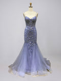 Vestido Sereia de Tule Lavanda com Corpete Bordado de Miçangas e Bordado Floral para Baile