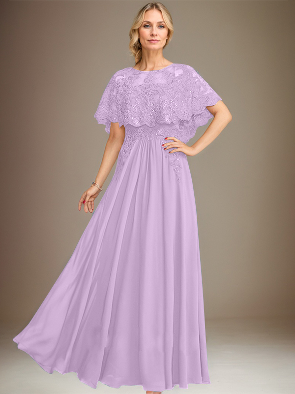 A-Linien Spitzen-Chiffon-Mutter-der-Braut-Kleid mit Bootsausschnitt, bodenlang und Applikations-Pailletten