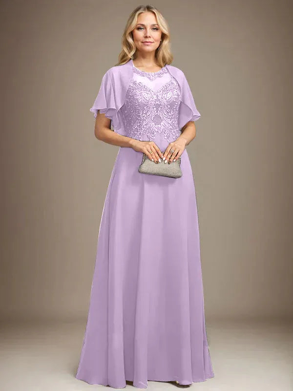 Vestido de madre de la novia de encaje y gasa con ilusión, escote redondo en línea A, largo hasta el suelo con lentejuelas