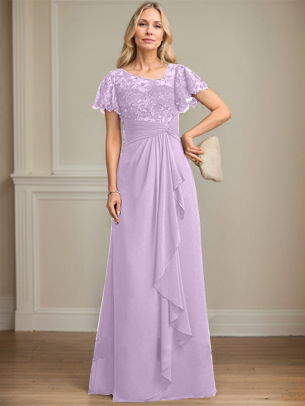 A-Linie asymmetrisches Illusions bodenlanges Spitzen-Chiffon Brautmutterkleid mit kaskadierenden Volants und Pailletten