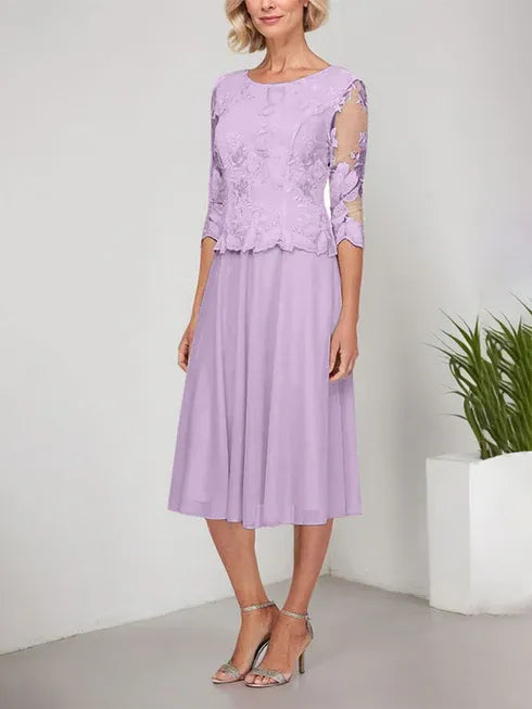 A-Linie Rundhals Tee-Länge Spitze Chiffon Mutter-der-Braut-Kleid mit Stickerei