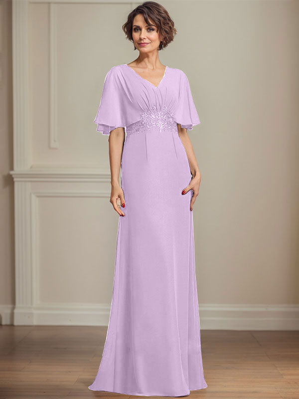 A-Linien Chiffon Mutter-der-Braut-Kleid mit V-Ausschnitt, bodenlang, mit plissierten Pailletten-Applikationen und Spitze