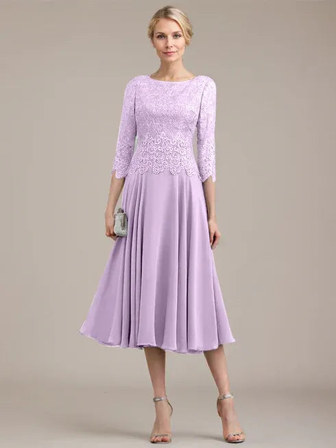 A-Linien Kleid mit Rundhalsausschnitt, tea-länge, Spitze und Chiffon, Mutter der Braut Kleid
