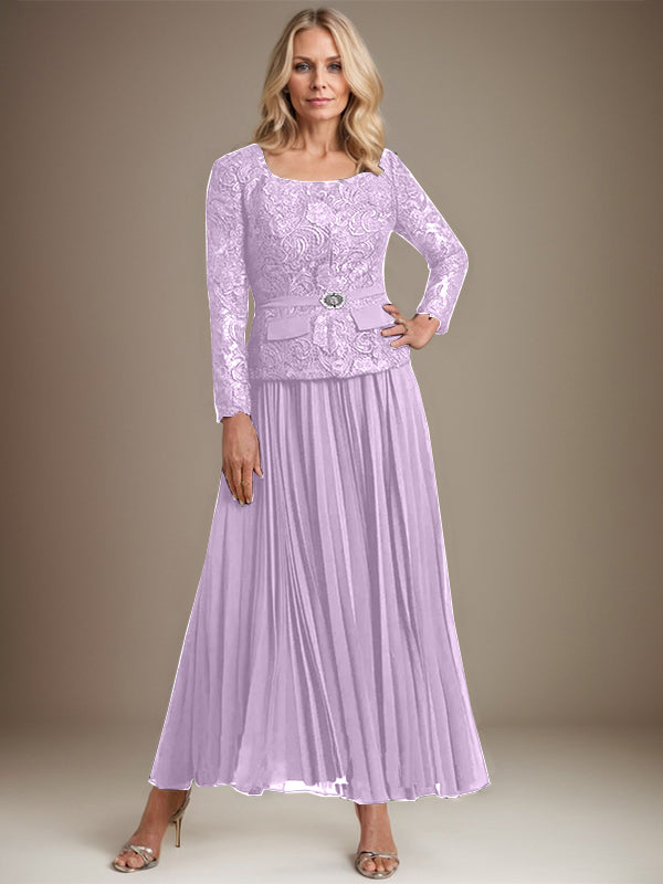 A-Linien-Kleid mit quadratischem Ausschnitt, knöchellang, Chiffon, Mutter der Braut, mit Falten