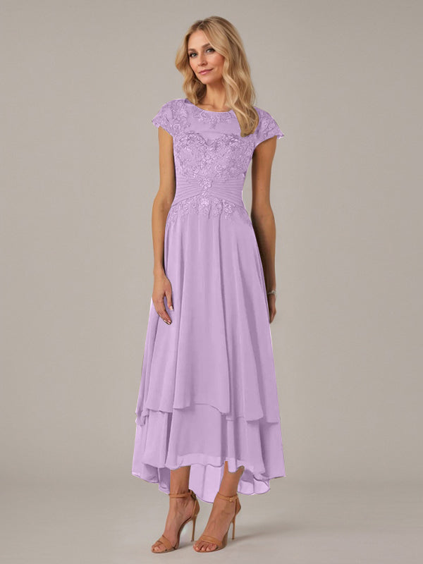 A-Linien Boot-Ausschnitt Illusions asymmetrisches Chiffon-Spitzen Mutterkleid der Braut mit Applikationsfalten