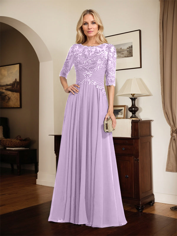 A-Linien Ausschnitt Illusions-Bodenlanges Chiffon-Spitzenkleid für die Mutter der Braut mit plissierten Pailletten