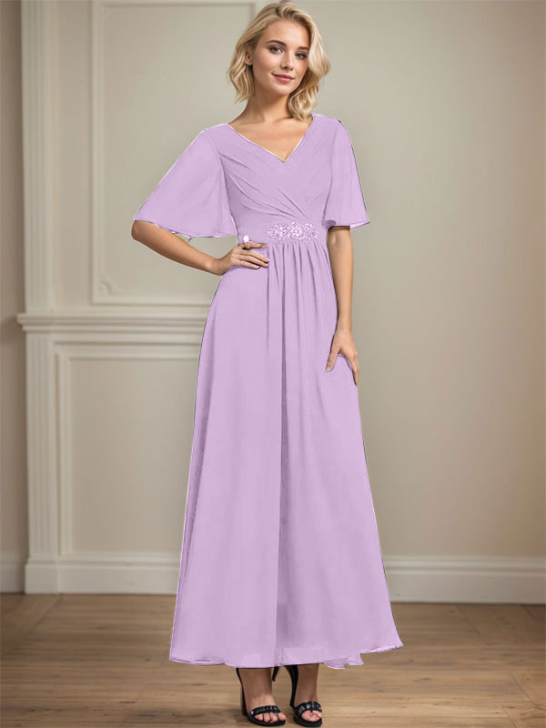 A-Linien V-Ausschnitt Knöchellanges Chiffon Kleid für die Brautmutter mit plissierten Perlen und Pailletten