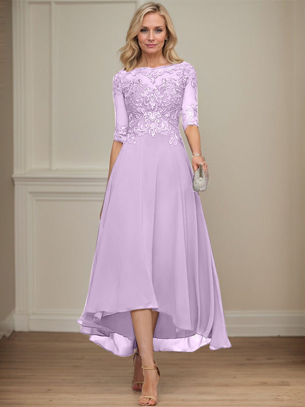 A-Linien Bootsausschnitt Illusionskleid mit asymmetrischem Chiffon-Spitzenstoff, Mutter-der-Braut-Kleid mit Paillettenperlen