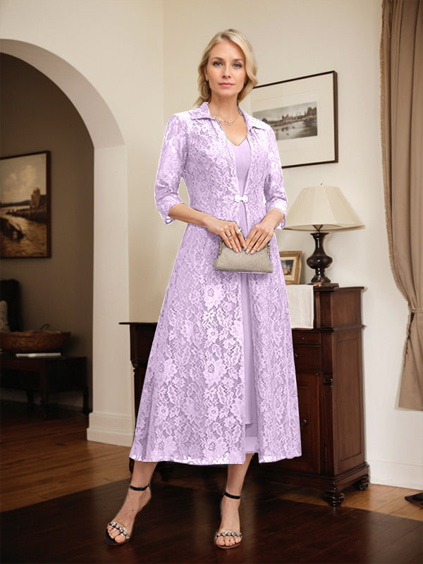 Robe mère de la mariée en mousseline longueur thé à encolure en V et coupe trapèze