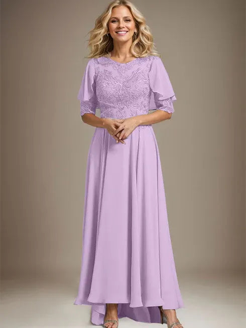 A-Linien Kleid mit Scoop-Ausschnitt, Illusion, asymmetrischem Chiffon und Spitzen, Mutter-der-Braut-Kleid mit Perlenbesatz