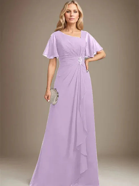 A-Linien asymmetrisches bodenlanges Chiffon Mutter-der-Braut-Kleid mit plissierten Perlen und Pailletten