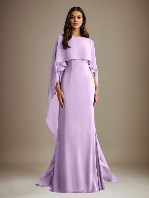 Etuikleid/Säulenkleid Bootsausschnitt bodenlanges Chiffon Mutter-des-Braut-Kleid mit kaskadierenden Rüschen